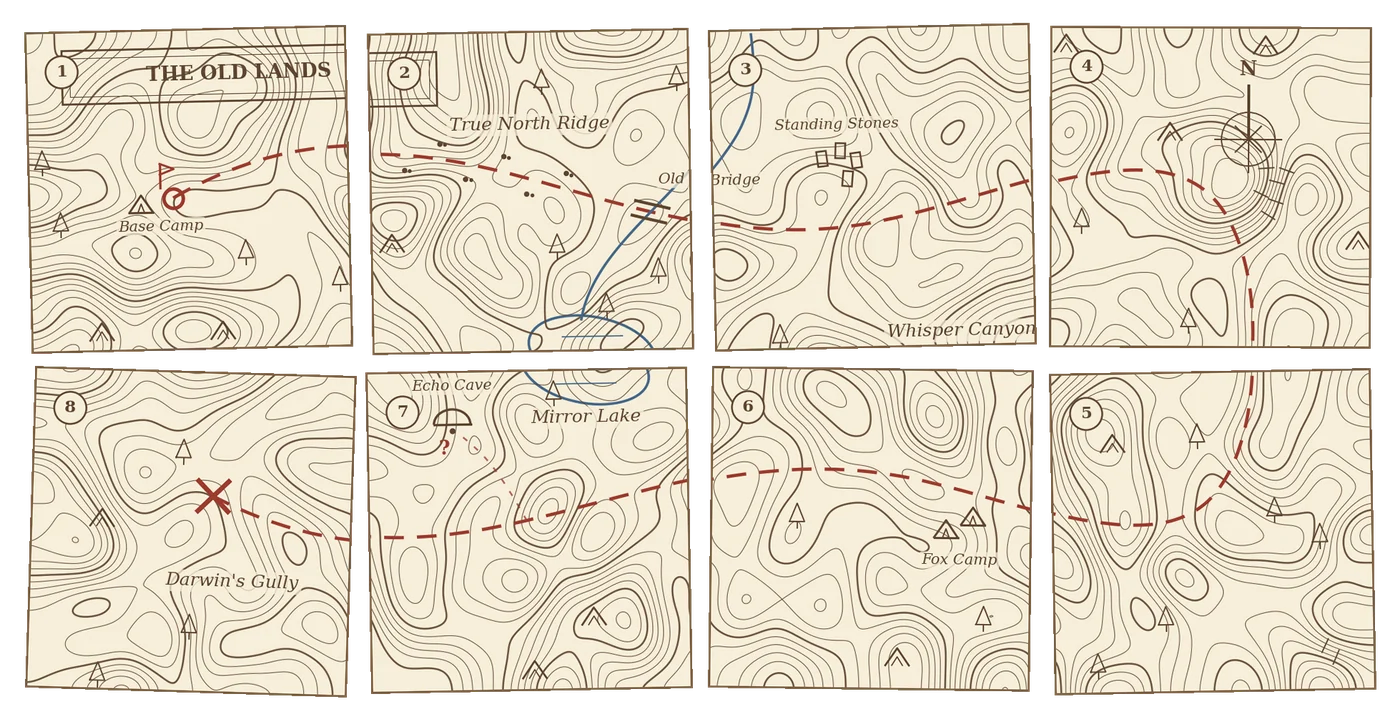 The eight-piece topographic expedition map, drawn in pen